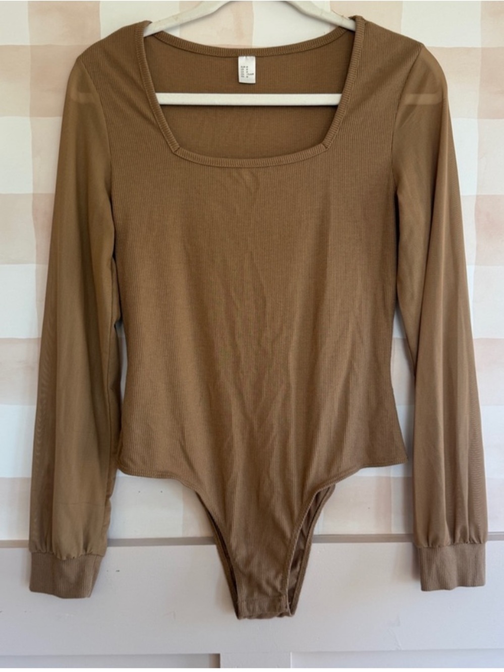 Mesh Long Sleeve Bodysuit - tan brown